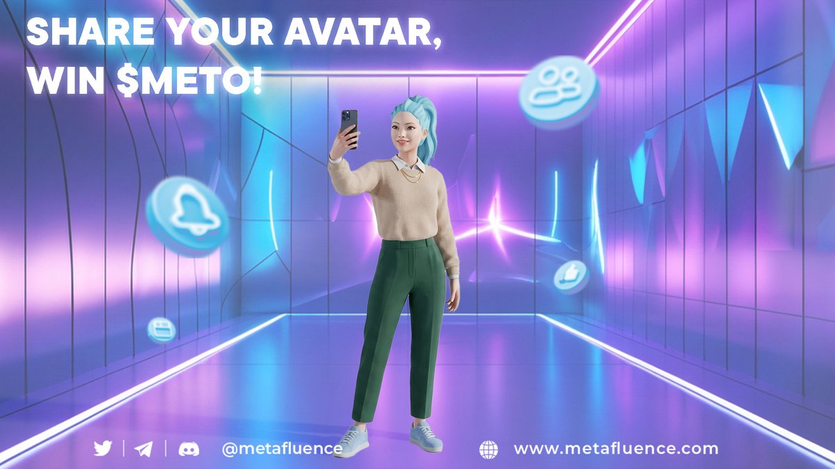 If your avatar is ready, the stage is yours!
Create your avatar in Metafluence
Share it on social media
Tag us with #MetafluenceWin $METO rewards!
Mobilize your community, stand out with your avatar. Let’s decide the winner together!
Come on get started — we’re waiting for you!