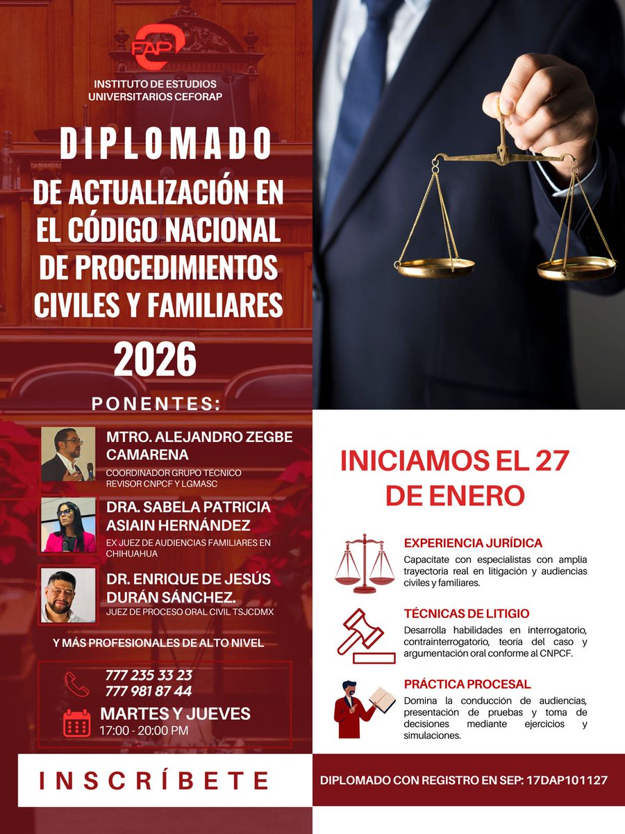 ¡Últimos lugares! 

 Diplomado de Actualización en el Código Nacional de Procedimientos Civiles y Familiares (CNPCF) – Edición 2026. ⚖️

📚 📌 Modalidad y duración
* 100% virtual en vivo, para que plantees tus dudas y nuestros ponentes te las resuelvan durante la clase
*