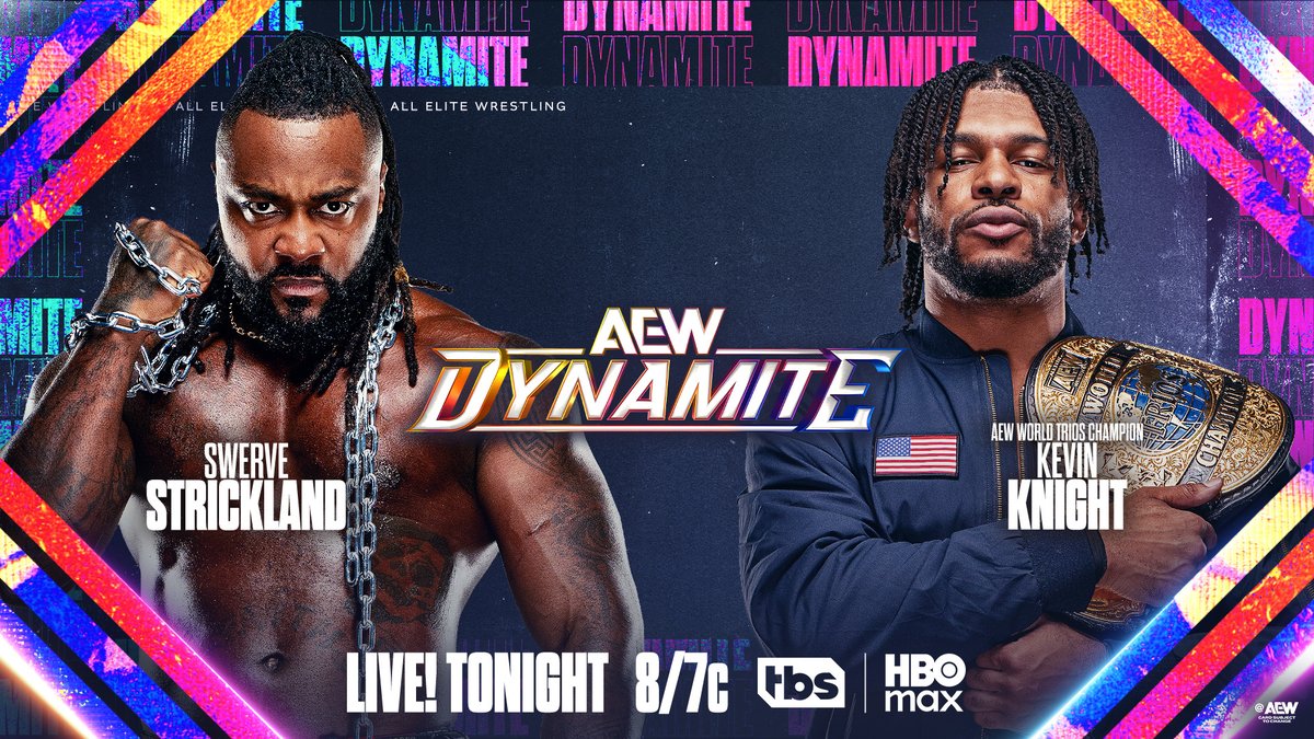 AEW's tweet image. #AEWDynamite
LIVE, 8/7c, TBS + HBO Max
TONIGHT!

@SwerveConfident vs @Jet2Flyy

Strickland told Kevin Knight that he was the future of this business. After the Jet's AEW World Trios Title win, it looks like Swerve wants to put that to the test!

They fight, TONIGHT!
