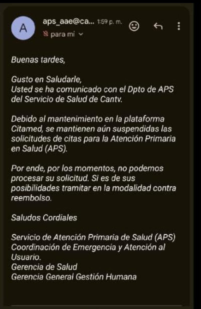 Ya son 3 meses en la espera de un supuesto mantenimiento en la plataforma de solic de citas, mientras los trab Jubilados y Activos padeciendo penurias de una pésima administración en salud, todo lo exigido esta contemplado en nuestra CC
<a href="/delcyrodriguezv/">Delcy Rodríguez</a>
<a href="/salaprensaCantv/">Cantv</a>
#CANTV