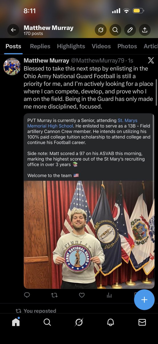 Blessed to take this next step by enlisting in the Ohio Army National Guard. Football is still a priority for me, and I’m actively looking for a place where I can compete, develop, and prove who I am on the field. Being in the Guard has only made me more disciplined and focused.