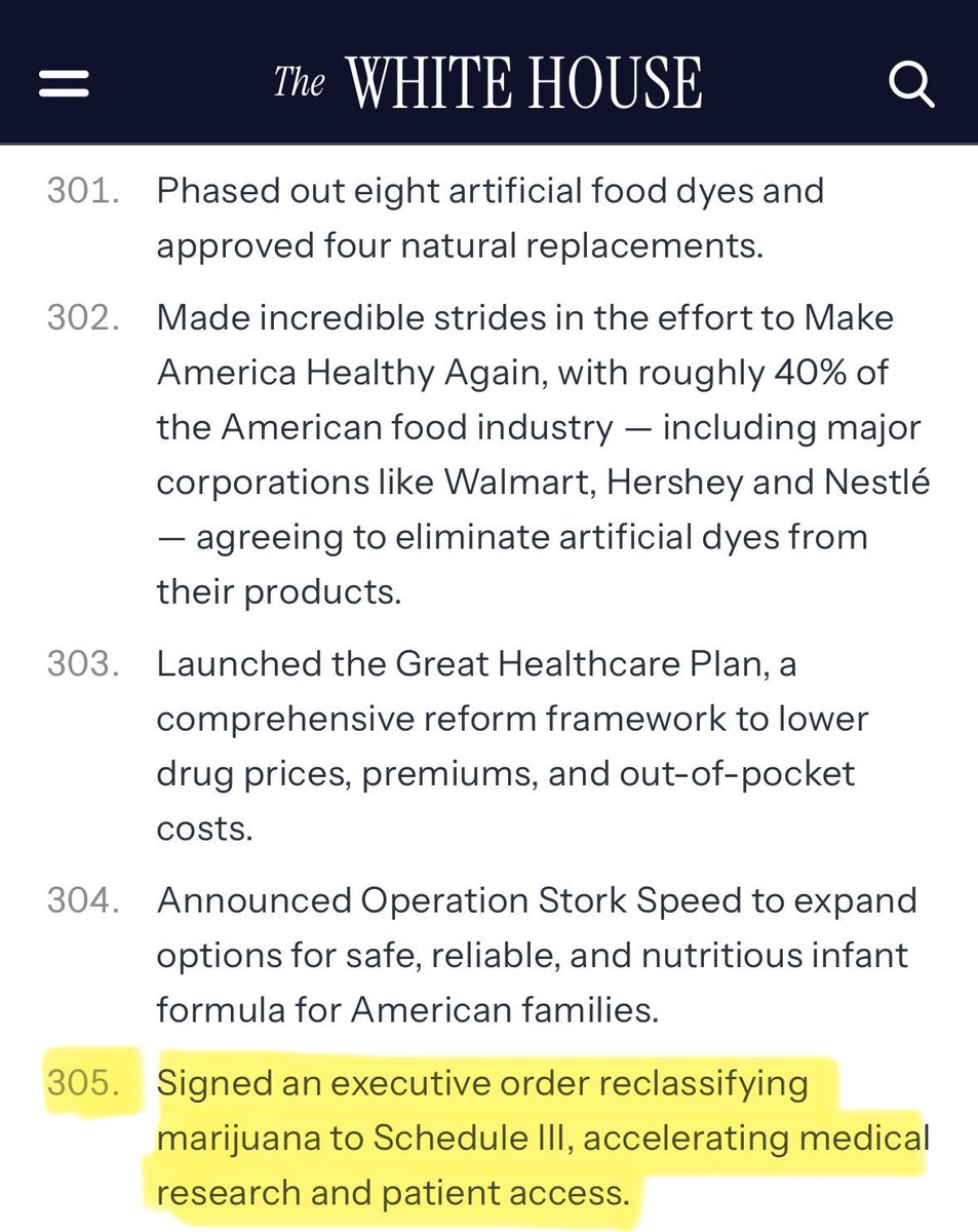 Reclassifying marijuana made the <a href="/WhiteHouse/">The White House</a> list of President Trump’s 365 Wins in 365 Days, under the section “Making America Healthy Again” 👇

“305. Signed an executive order reclassifying marijuana to Schedule III, accelerating medical research and patient access.”

🇺🇸👍🏻