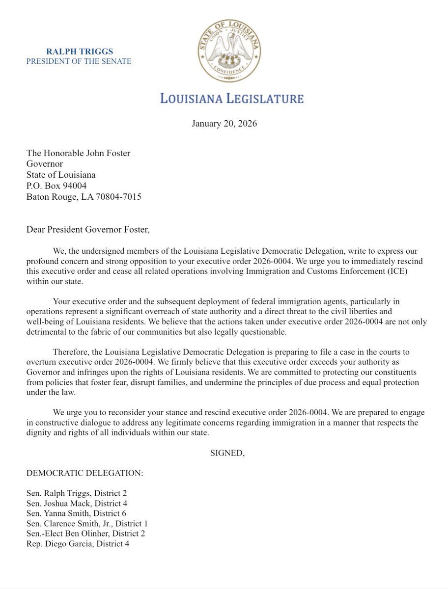 DrRalphT's tweet photo. The Governor claims he’s protecting Louisiana. But only deployed ICE into cities that are controlled by Democrats. That is why I joined my colleagues in calling for him to rescind this dangerous executive order and announce the filing in the courts to repeal it. https://t.co/kOK7unpcV2