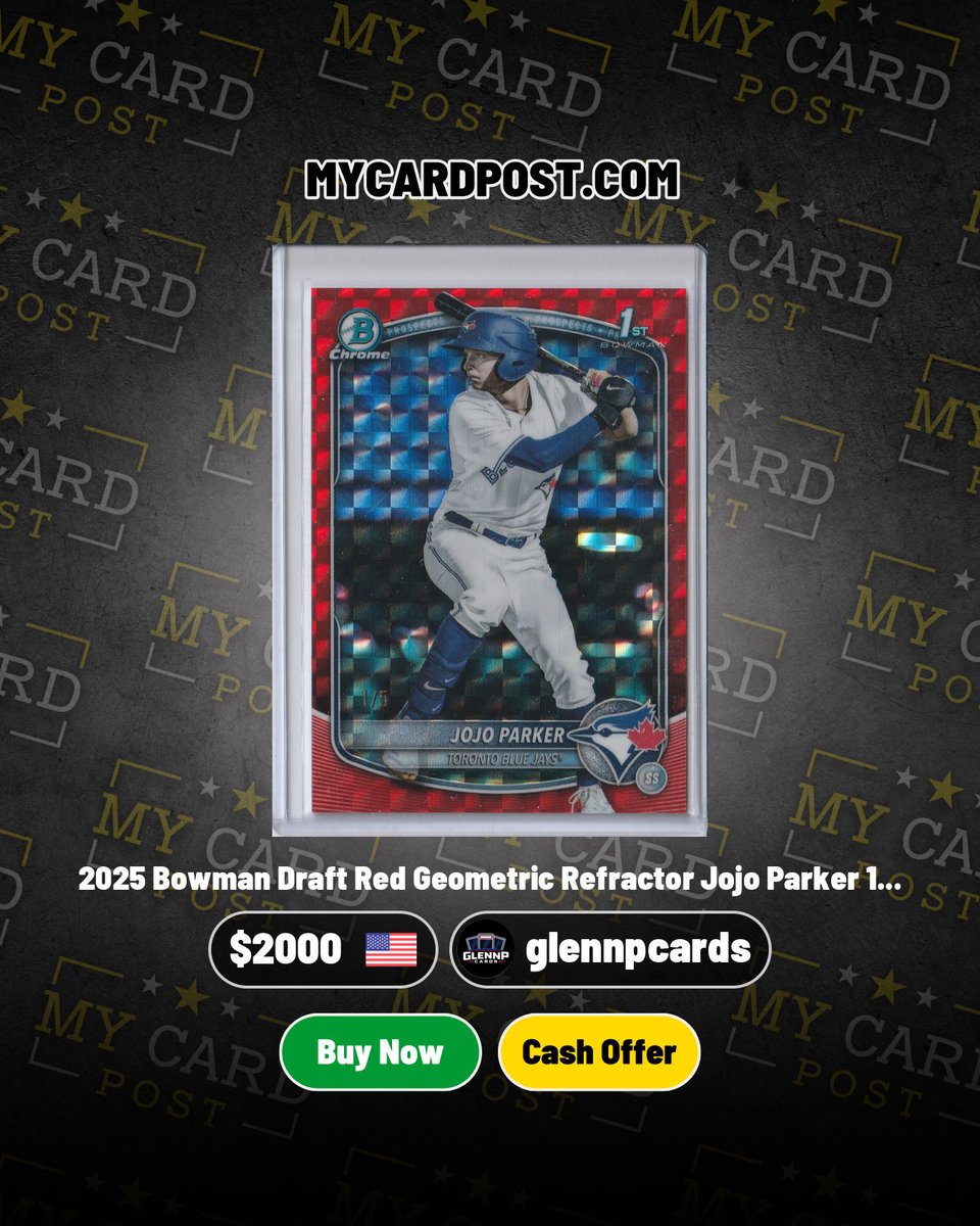 2025 Bowman Draft Red Geometric Refractor - Jojo Parker 1/5 - $2000 OBO 
Hit me up here or on <a href="/mycard_post/">My Card Post</a> 
<a href="/CardPurchaser/">Card Purchaser</a> 
#bluejays #jojoparker <a href="/Topps/">Topps</a> #prospect
