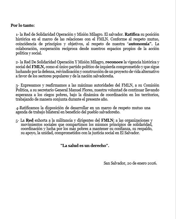 Comunicado
<a href="/RedsommSV/">Red de Solidaridad Operacion y Mision Milagro SV</a>