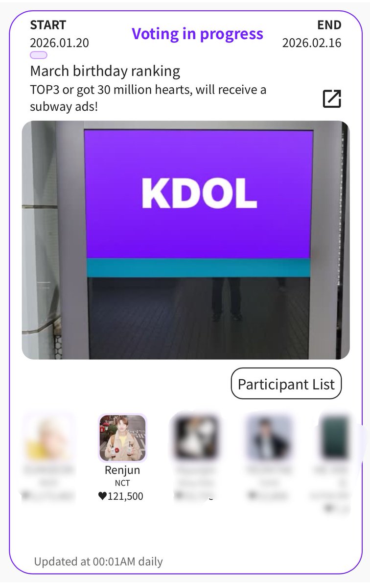 [ KDOL | MARCH BIRTHDAY VOTING ]

March Birthday Voting on Kdol has started. Renchins, don't forget to drop your amunitions and vote for #RENJUN! Let's win this vote for him! ❤️‍🔥✨

🎯: Top 3 or 30M Hearts💜
🎁: Subway Ads
📅: Jan 20, 2026 - Feb 16, 2026

Let's collect Hearts 💜