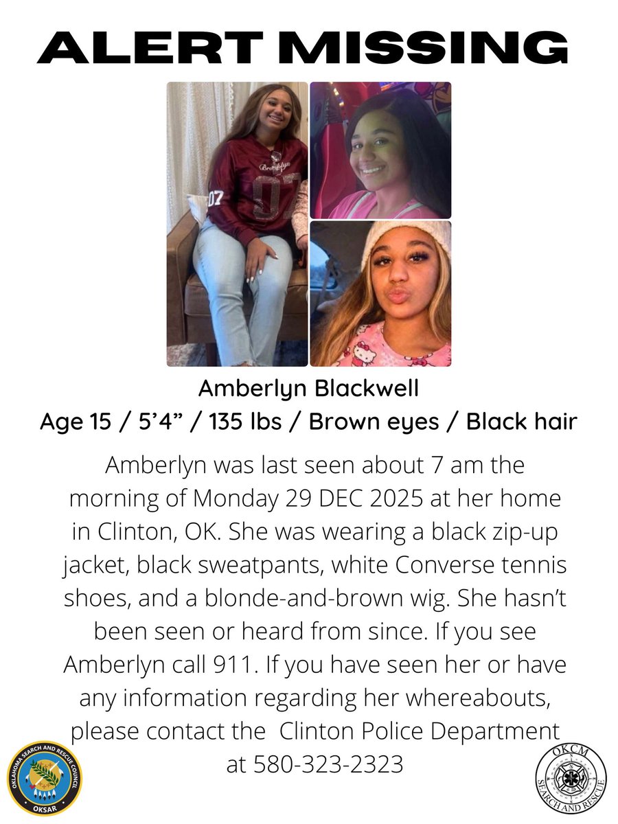 Missing from Clinton, OK
CALL   911   IF SEEN