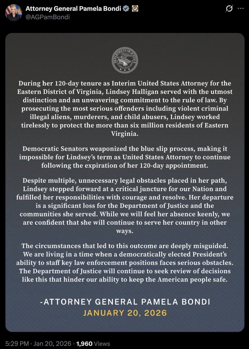 Lindsey Halligan was unlawfully pretending to be a U.S. attorney from day one. Yet another embarrassment for the Trump DOJ. Good riddance.