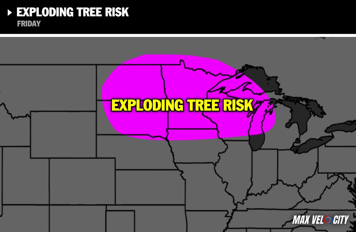 MaxVelocityWX's tweet image. EXPLODING TREES are possible in the Midwest and Northern Plains on Friday and Saturday, as temperatures are forecasted to fall 20 degrees BELOW zero!