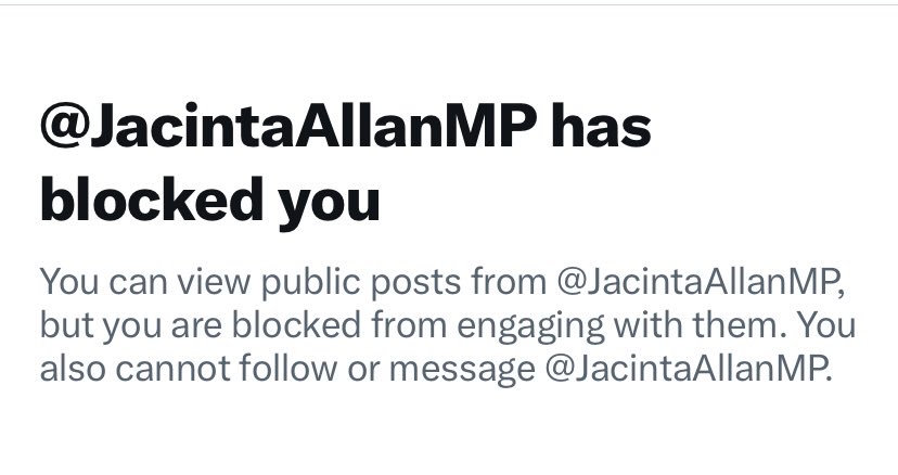 Thin skinned parasite <a href="/JacintaAllanMP/">Jacinta Allan</a> 

I’m paying taxes to pay this thing astronomical salary and perks…she’s a “public” servant and has blocked me for calling out her wasteful spending and gutting of Victoria.

Fkn disgusting!
