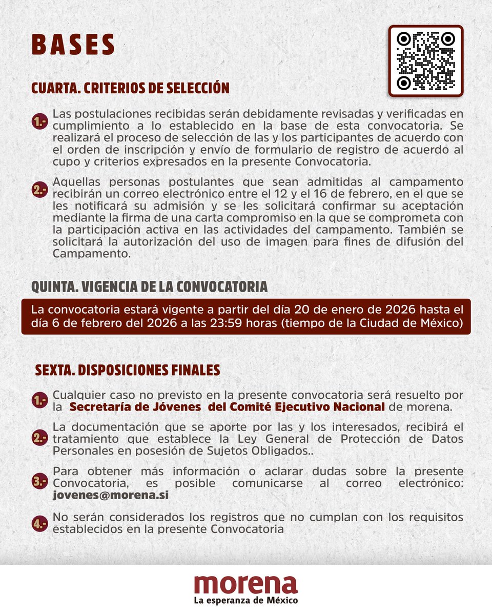 ¡Sí, leíste bien! La convocatoria para ser parte de JovenEsMorena ya está abierta 🤓

Ingresa a jovenes.morena.app y descubre cómo ser parte de este campamento nacional. 

Si tienes entre 18 a 29 años y te interesa la formación política, la organización comunitaria y el