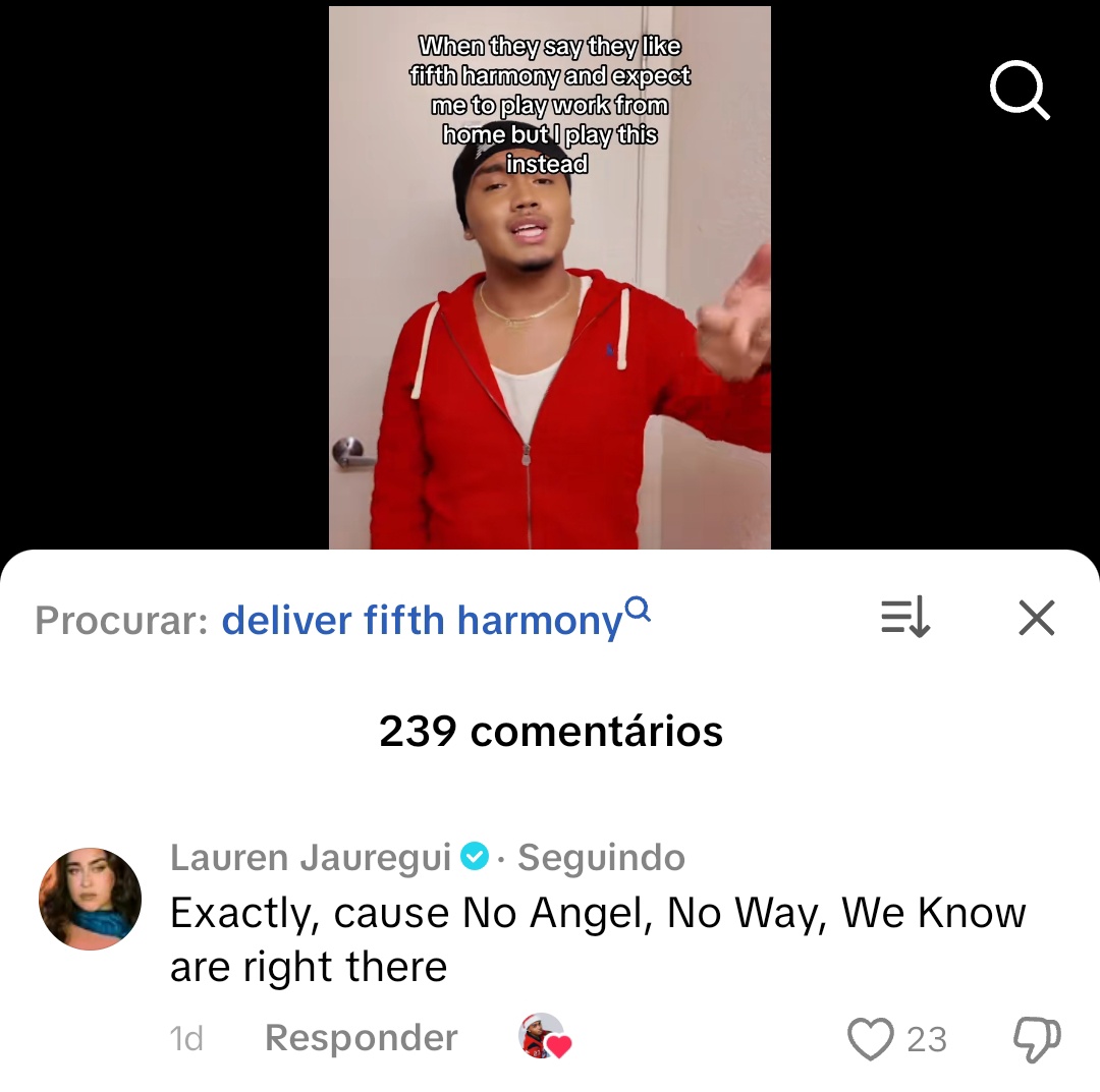 5HBrasil's tweet image. Lauren Jauregui comentou no tiktok;

Exatamente, porque Angel, No Way, We Know estão bem ali

Tradução do vídeo;
"Quando dizem que gostam de Fifth Harmony e esperam que eu toque "Work From Home", mas eu toco isso em vez disso"