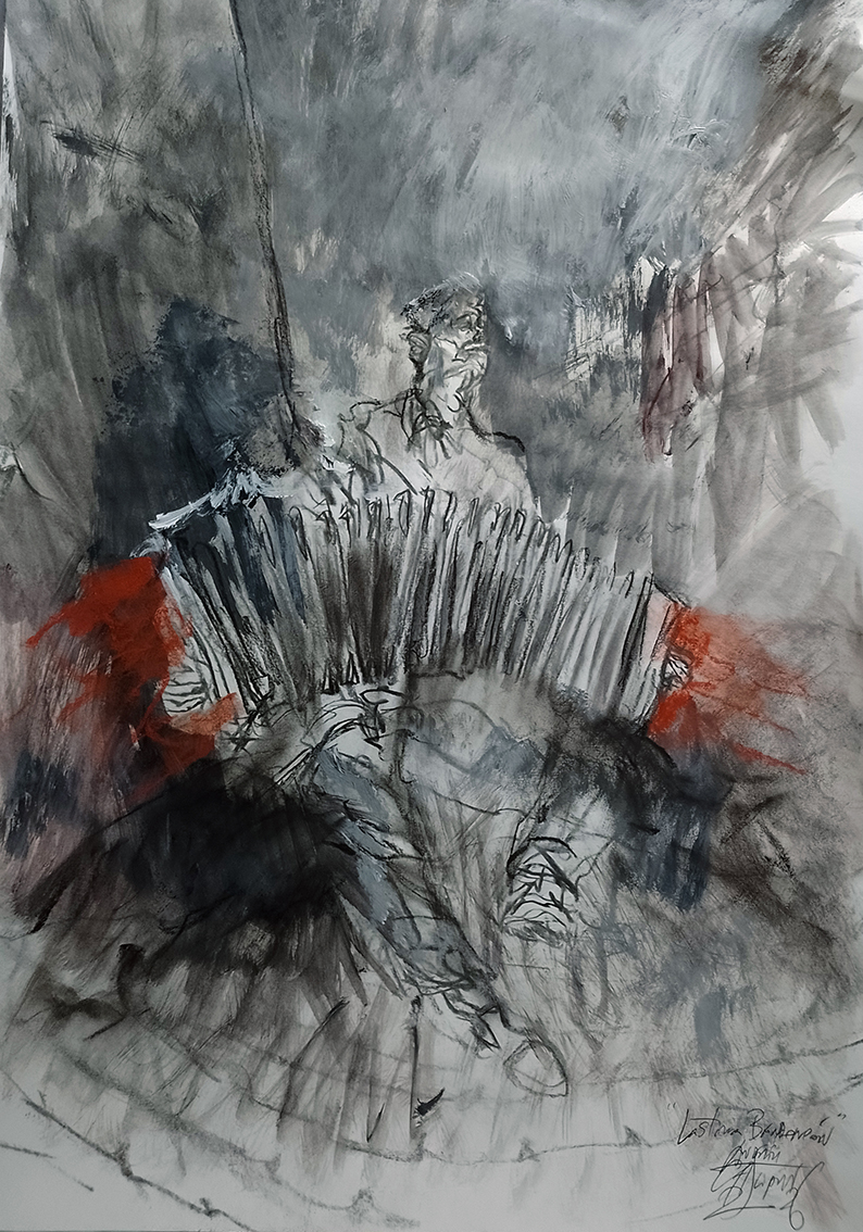 "Lastima bandoneón"
de la serie "Tangos fatales"
por Andrés Casciani 
- Acrílico ,carbonilla y tiza pastel  sobre papel- 32 x 46 cms
. Año de realización: 2026
*Obra disponible: compras y consultas por mensaje privado o al mail andrescasciani@gmail.com
andrescasciani.com