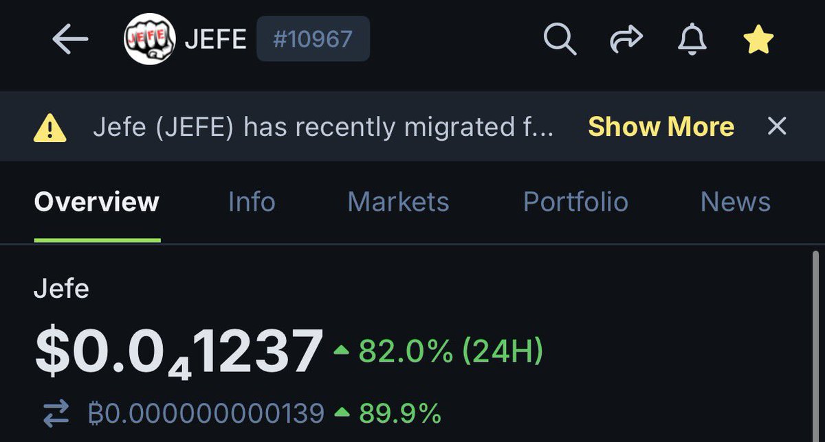$JEFE is up 82% and trading at $0.0₄1237 today. Take a look 👉 coingecko.com/en/coins/jefe