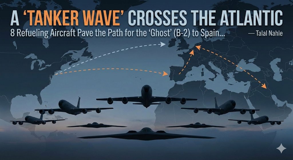 Intel_Sky's tweet image. A "Tanker Wave" Crosses the Atlantic: 8 Refueling Aircraft Pave the Path for the "Ghost" (B-2) to Spain... The Offensive Triangle is Complete.
— Talal Nahle

This update is the "smoking gun" we have been waiting for to confirm the third leg of the offensive triangle (Strategic…