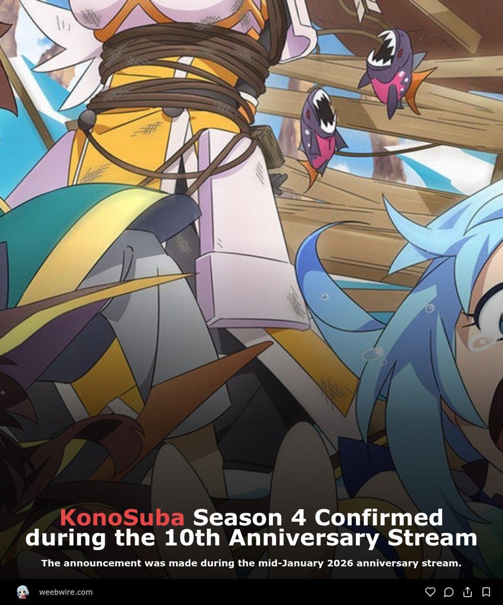 weeb_wire's tweet image. 🔗 weebwire.com/news/kono-suba…

#KonoSuba #Season4 #Anime2026 #10thAnniversary #KonoSubaNews #AnimeUpdate