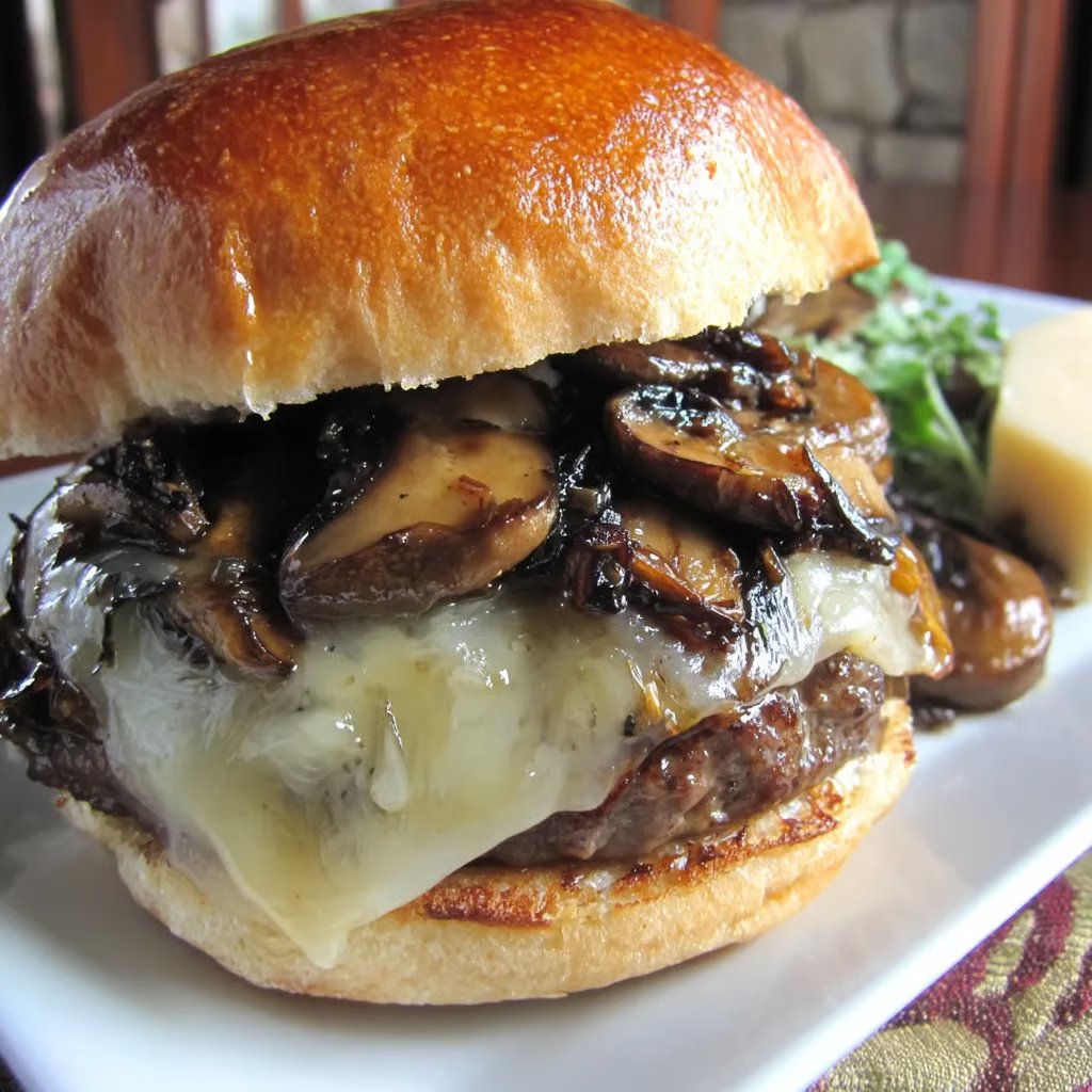 Mushroom Swiss Burger
Ingredients:

→ For the Sautéed Mushrooms

01 - 2 tbsp unsalted butter
02 - 2 tbsp olive oil
03 - 1 lb baby bella mushrooms, sliced (or white button mushrooms)
04 - 1 tbsp Worcestershire sauce
05 - ¼ cup beef broth
06 - 1 tsp minced garlic
07 - 1 tsp black