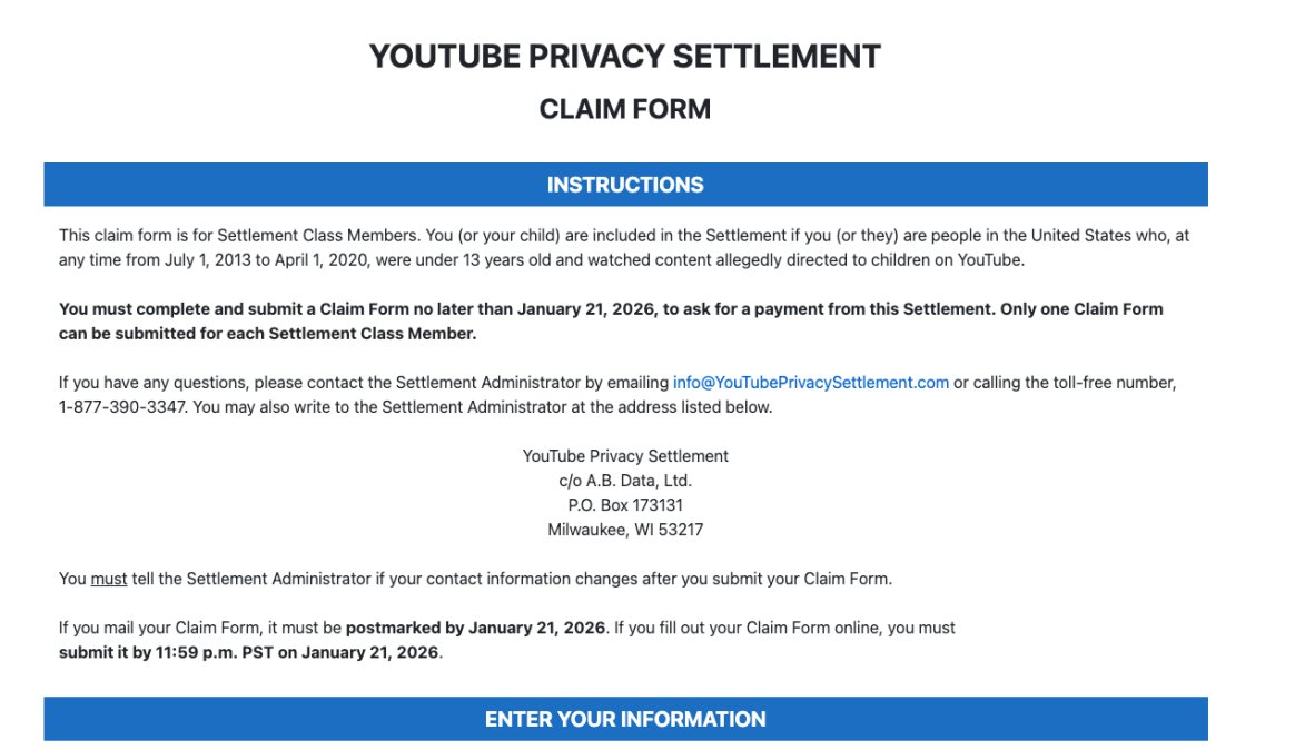 USCCStrategy's tweet image. #ClassAction #Lawsuit #YOUTUBE PRIVACY SETTLEMENT 
claimform.youtubeprivacysettlement.com