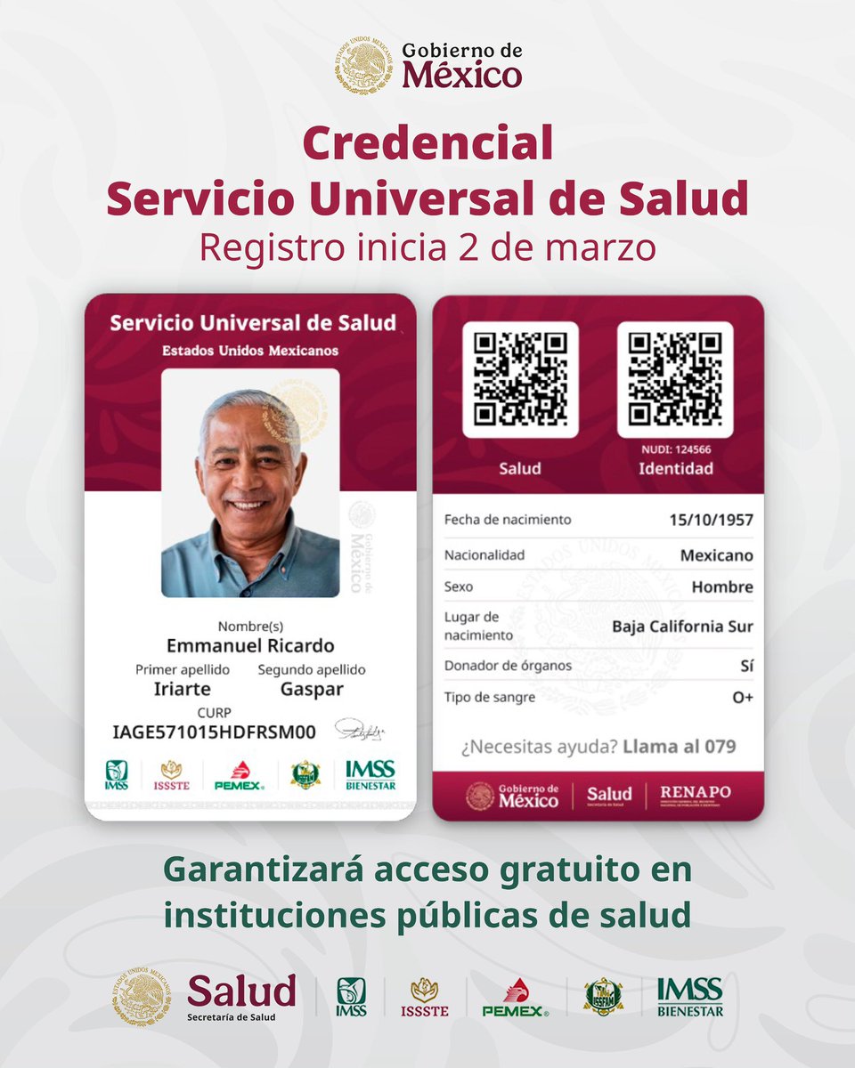 Del 2 de marzo al 31 de diciembre se realizará credencialización del Servicio Universal de Salud:
Presidenta Claudia Sheinbaum

🔸Esta identificación garantizará el derecho a la salud en las instituciones públicas del Gobierno de México.
🔸Tendrá una inversión de 3 mil 500