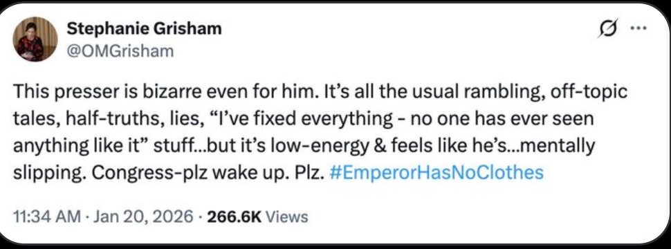 La exsecretaria de prensa de Trump, Stephanie Grisham, acaba de hacer sonar la alarma después de la conferencia de prensa de hoy.

Ella lo calificó de "extraño", "de poca energía" y dijo que se siente como si estuviera "fallando mentalmente", terminando con:

“Congreso, por favor