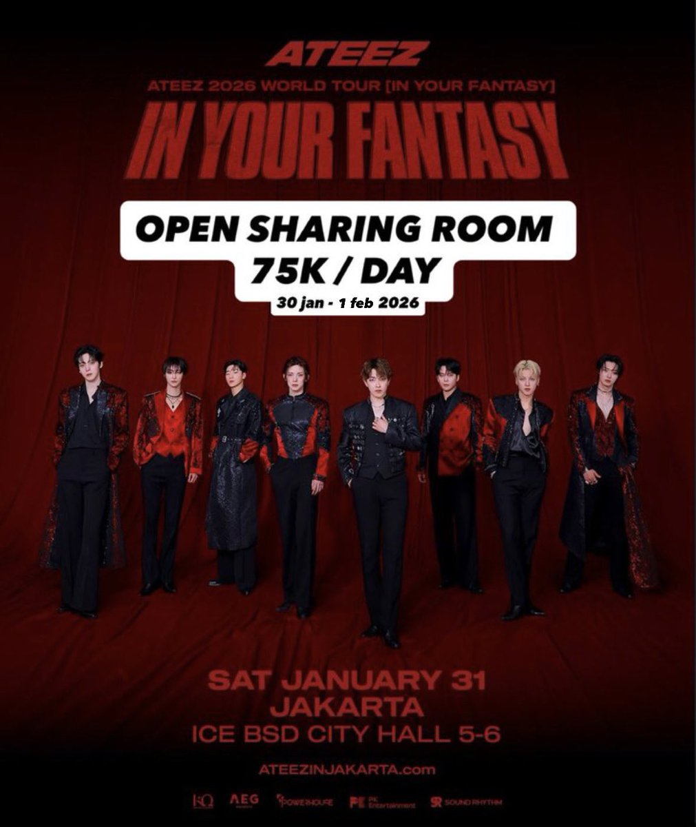 ✨OPEN SHARING ROOM FOR ATEEZ | IN YOUR FANTASY✨

Only 75K / day❗️

Slot untuk 7 orang / day
* Psstt GIRLS only💅🏼

Open dari tanggal 30 Januari - 1 Februari 2026
📍Dom tangsel - 8,5 KM ke ICE BSD