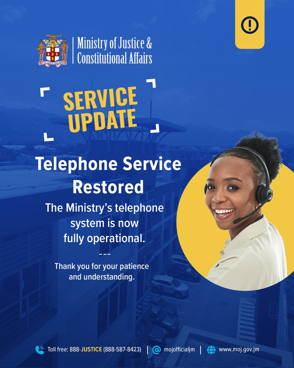 mojofficialjm's tweet image. The Ministry’s telephone system is fully restored and back in service.

Thank you for your patience and understanding during the disruption. We apologise for any inconvenience caused.

#MJCA #AccessToJustice