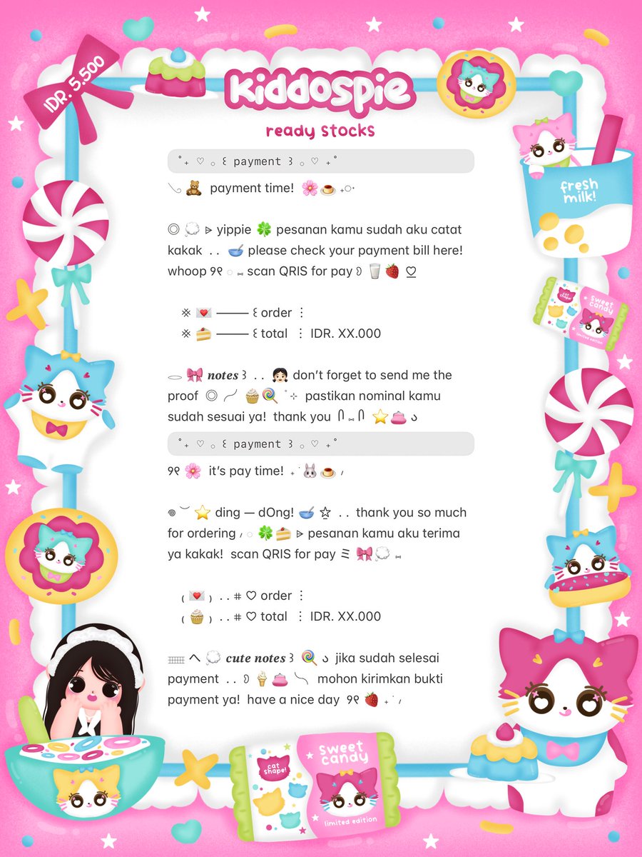 kiddospie's tweet image. ⠀
⸝⸝ ꕤ  𓈄 𓈒  help rt? thank you! ☘️

💭  ☆̲ ◞ₓ˚ 🥣 halo teman—timun!  𓏲 ﾟ。。𖢷 sherina bawain 8 wording payment ready stOck! 🧁🌸 ⊂⊃ dengan harga ◎ IDR. 5.500 only ៶៲៸ ⓘ 👛 dm me or reply if you want!  ✋🏻 𖠗 ៸ 🍭🎀 

៸៸ 💌 യ #zonauang #zonaba ꒱