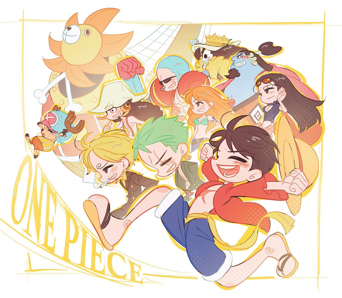 The Straw Hat crew dashing towards endless adventures with Luffy leading the charge because who needs a map when you've got dreams and a rubber fist? 🏴‍☠️🍖 #OnePieceFanArt #OnePiece