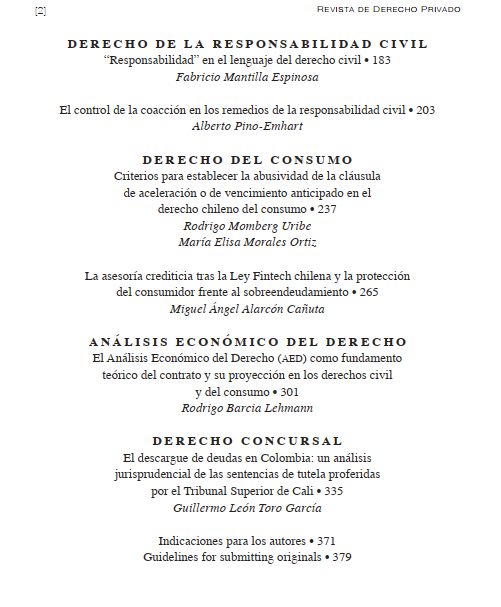 ¿Te gusta el derecho privado? Explora nuestra edición no. 50, en la cual encontrarás artículos de investigación en materia de derecho de bienes, obligaciones, contratos, responsabilidad civil, consumo, concursal y mucho más. Consúltala aquí: revistas.uexternado.edu.co/index.php/derp…