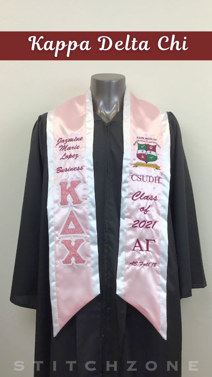 StitchZone's tweet image. ROSE GOLD GLITTER - Make your grad stole pop with glitter letters like this #KappaDeltaChi sash! If it's a unique color like this rose gold glitter, ask us about the rest of our colors. #ΚΔΧ #KDChi @kdchi_csudh #StitchZone  #greekthreads #greeklife #customembroidery.