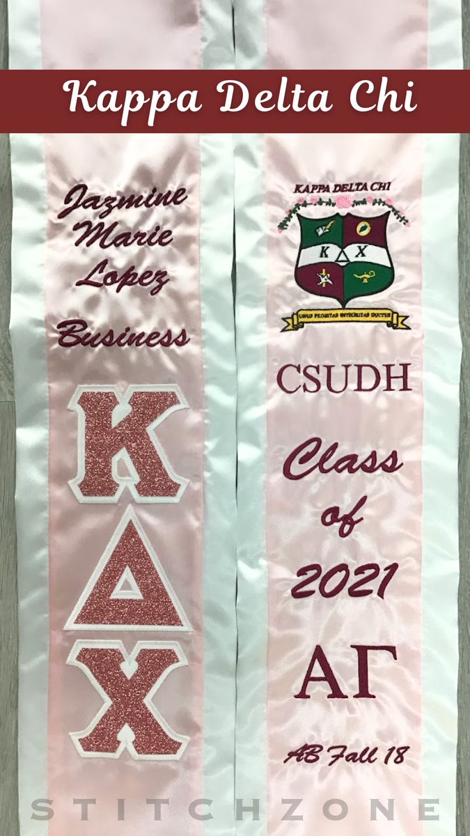 StitchZone's tweet image. ROSE GOLD GLITTER - Make your grad stole pop with glitter letters like this #KappaDeltaChi sash! If it's a unique color like this rose gold glitter, ask us about the rest of our colors. #ΚΔΧ #KDChi @kdchi_csudh #StitchZone  #greekthreads #greeklife #customembroidery.