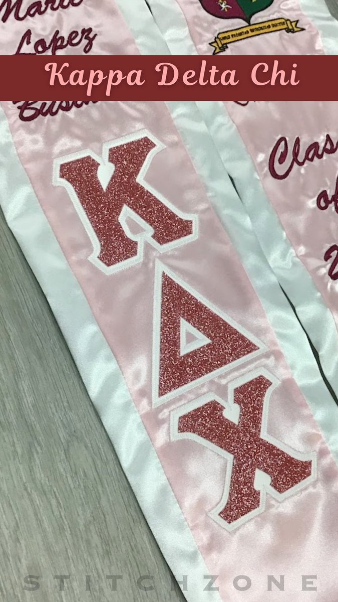 StitchZone's tweet image. ROSE GOLD GLITTER - Make your grad stole pop with glitter letters like this #KappaDeltaChi sash! If it's a unique color like this rose gold glitter, ask us about the rest of our colors. #ΚΔΧ #KDChi @kdchi_csudh #StitchZone  #greekthreads #greeklife #customembroidery.