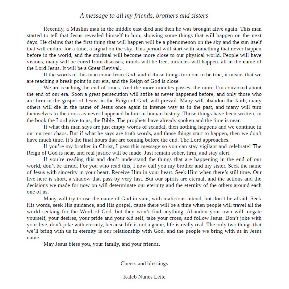 This is probably the most important thing I'll share so far with you who read this. 
A message to all my brothers and sisters.