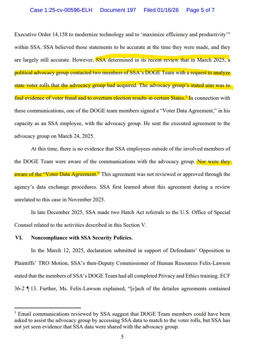 RobertFreundLaw's tweet image. DOGE team members signed "Voter Data Agreement" with political group whose "stated aim was ... to overturn election results in certain States."