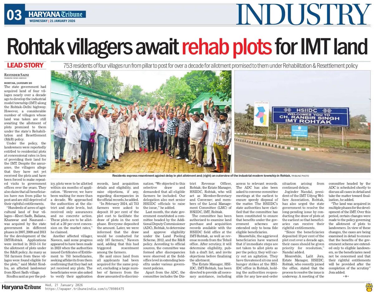 rsainiscribe's tweet photo. Rohtak villagers await rehab plots for IMT land
#Farmers #Industry #Oustees #KheriSadh #Kharawar #Rohtak #Haryana @thetribunechd @jomalhotra @dipro_rohtak @NayabSainiBJP @BhupinderShooda @DeependerSHooda @BBBatra @INCIndia @RaoNarenderS
https://t.co/fm2oCRrVDC https://t.co/i1nLPizG6g
