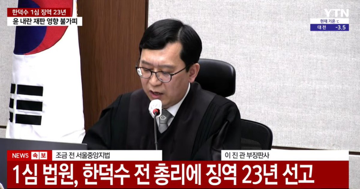 jinsungjoon's tweet image. 윤석열을 말렸다던 한덕수도 결국 법정구속됐습니다.

오늘(1.21.) 1심 재판부는 한덕수에게 내란 주요임무종사 등의 혐의로 징역 23년을 선고했습니다. 특검 구형 15년보다 8년이 더해진 판결입니다.

내게 가장 소중한 빛을 들고 광장을 지켰던, 위대한 대한국민의 승리입니다.

내란주요 공범을…