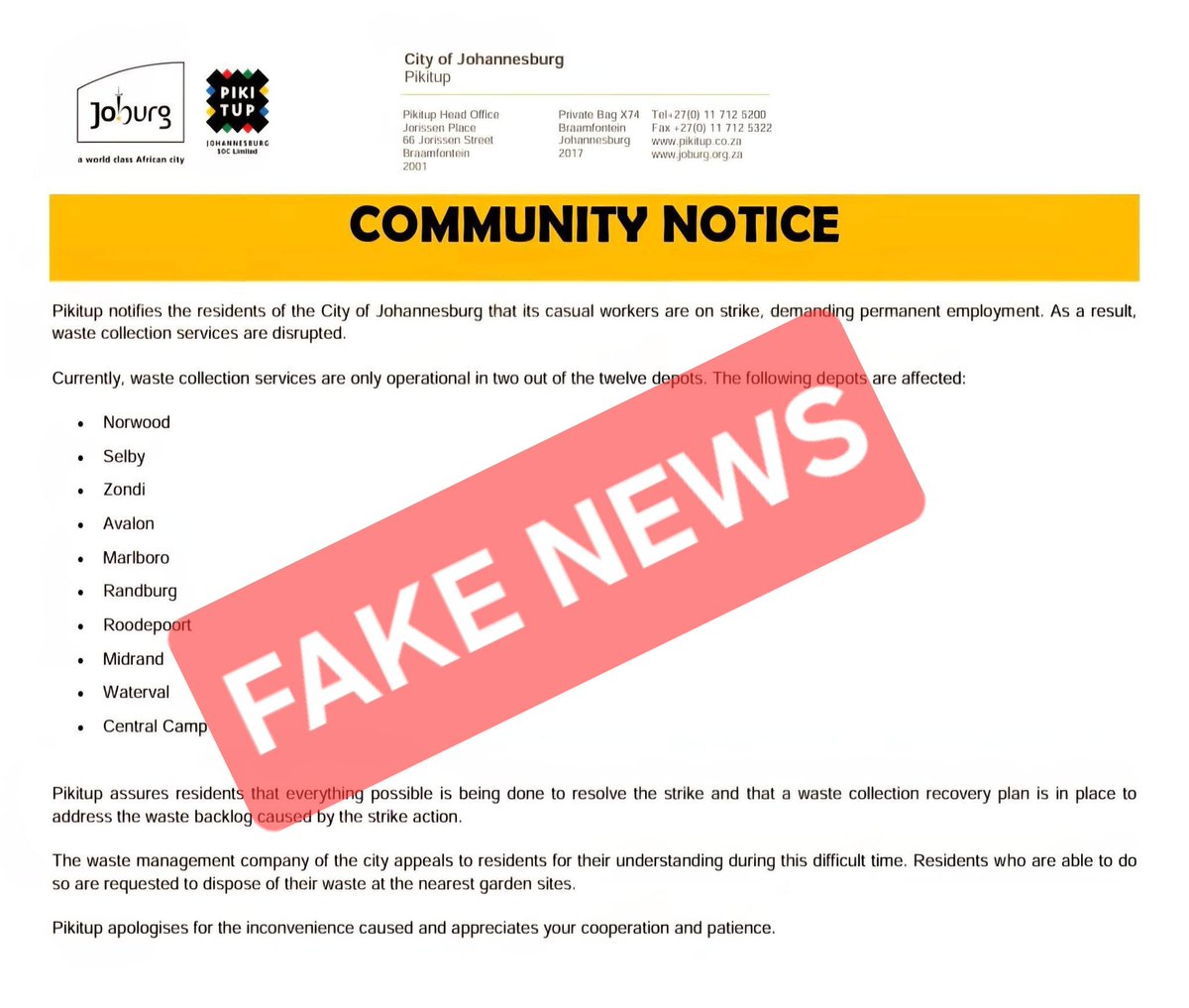 PUBLIC NOTICE: Pikitup is experiencing service disruptions at its Randburg Depot only due to labour-related matters.While the entity is engaging with employees to resolve these issues, Pikitup is also working to address the service backlog .We apologise for the convenience caused