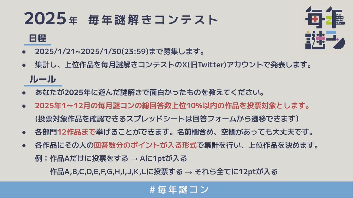 nazocontest's tweet image. 【#毎年謎コン 2025年】
2025年に面白かった謎解きを以下のサイトの投票フォームから教えてください。（募集締め切り1/30 23:59）

回答者全体から100名に抽選で「Amazonギフトカード1000円分」をプレゼントします。奮ってご回答ください。

nazocontest.enigmahouse.jp/year?year=2025