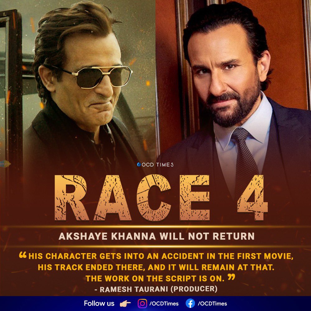 ocdtimes's tweet image. Writer #ShirazAhmedhad previously revealed that #Race4 will continue the story from #Race 1 and 2.
.
#OCDTimes #Race4 #SaifAliKhan #SidharthMalhotra #AkshayeKhann #TipsFilms