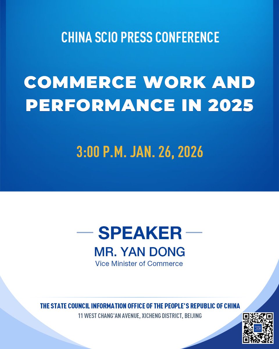 chinascio's tweet image. Notice of SCIO press conference on Jan. 26 (3 p.m.)

The State Council Information Office (SCIO) will hold a press conference at 3 p.m. Monday on China's #commerce work and performance in 2025.