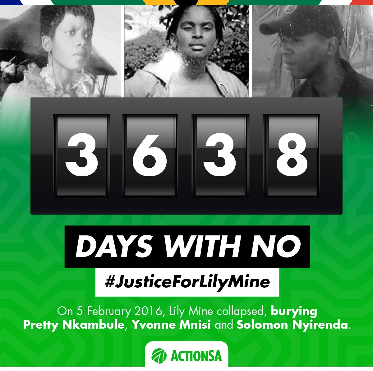 3 638 days, and still no justice for Lily Mine. 

<a href="/Action4SA/">ActionSA</a> continues to stand alongside thr Lily Mine families in their quest for justice.