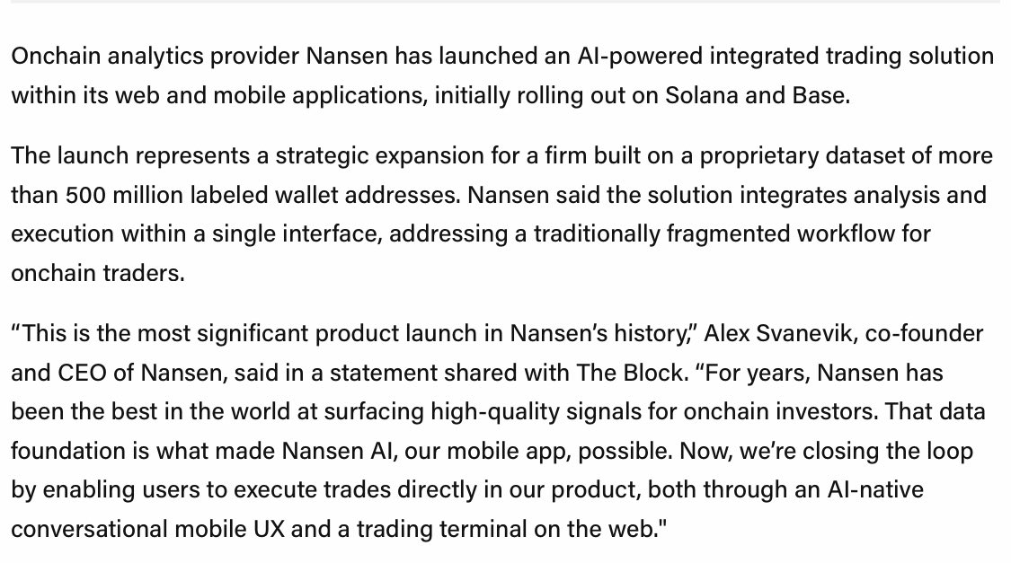 DegenerateNews's tweet image. NEW: NANSEN ROLLS OUT AI-POWERED TRADING SOLUTION ON SOLANA AND BASE

SOURCE: theblock.co/post/386116/na…