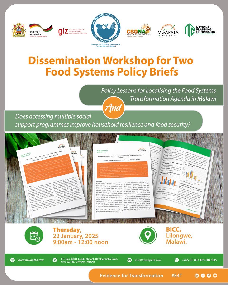 MwapataI's tweet photo. Tomorrow!!
#transformativeinitiative #FoodSystemsTransformation #MwAPATA #AgriPolicyThinkTank #GIZMalawi #CSONA https://t.co/MEezMLrerM