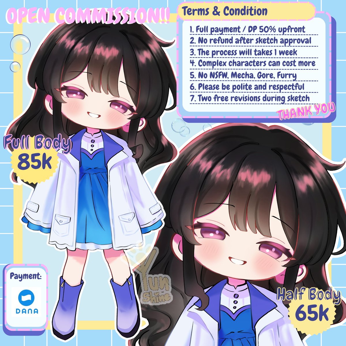 ShineYunshine's tweet photo. #commission
Haloo (⁠๑⁠•⁠﹏⁠•⁠)✨
I just opened a commission, this is chibi art, if you are interested, just DM me, I will only open 3 slots or more.
I will finish the art as fast as possible.
Thank you 💛 https://t.co/TVxkudMNgY