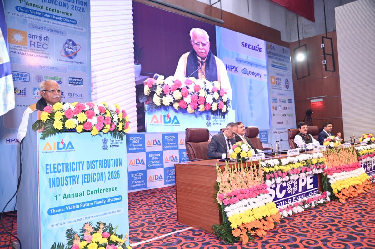 mlkhattar's tweet image. Inaugurated &amp;amp; addressed AIDA’s first EDICON (Electricity Distribution Industry Conference) in New Delhi today, focusing on the central role of DISCOMs as the primary link between the power sector and citizens. 

Emphasised the shift of electricity into a core economic enabler and…