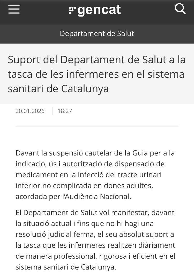infermerescat's tweet image. Agraïdes pel comunicat de #suport @salutcat a les infermeres, davant la suspensió cautelar de la #Guia d’indicació de medicaments en la infecció del tracte urinari inferior no complicada en dones adultes, acordada per l’Audiència Nacional.
Llegiu a salutweb.gencat.cat/ca/detalls/Not…