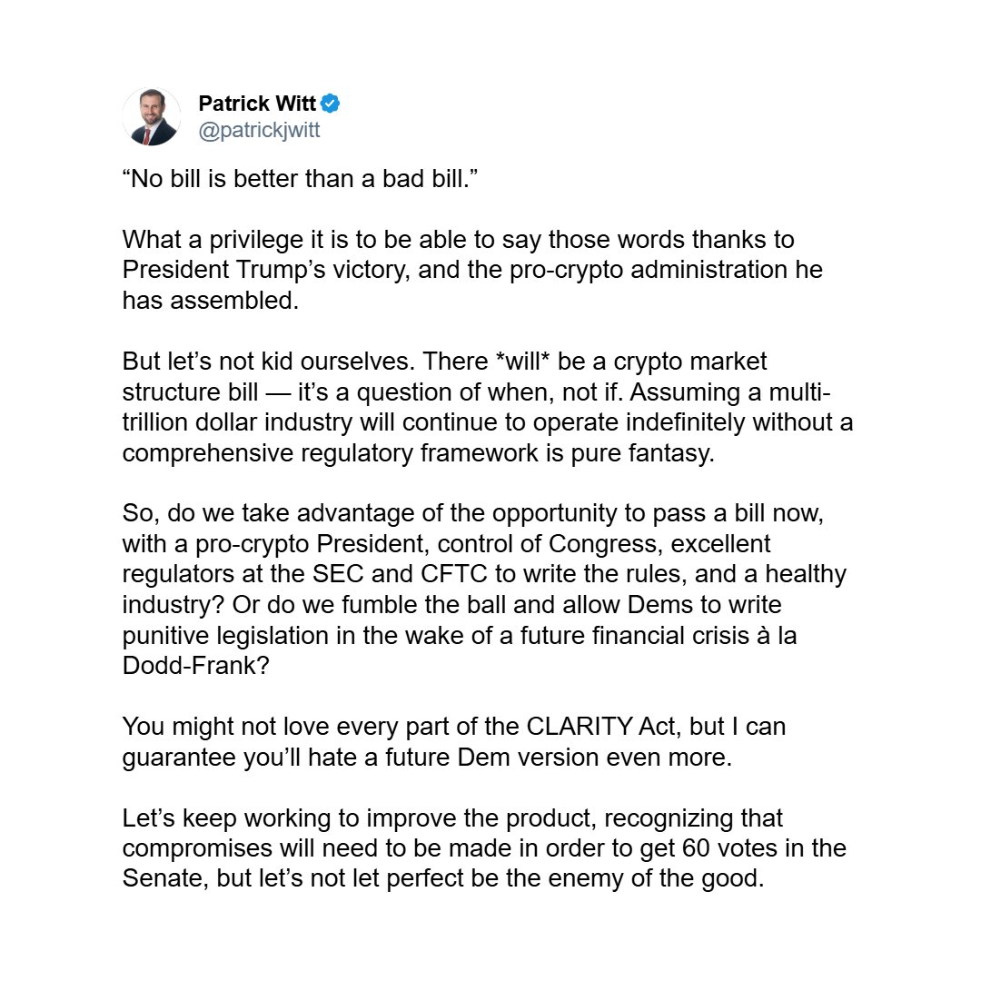 JUST IN: 🇺🇸 White House crypto advisor blasts Coinbase over withdrawal  from crypto market structure bill. Says operating without market rules is  “pure fantasy” and delaying a bill risks much harsher regulation