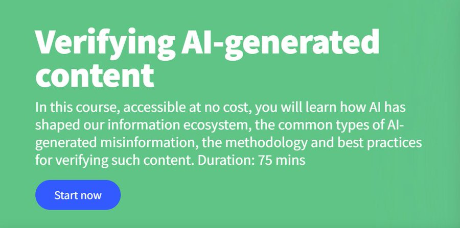 📢 Calling all journalists: if you want to learn how to identify and verify AI-generated content, <a href="/AFP/">AFP News Agency</a> has launched a new, open-access online course! 

It takes about an hour and includes plenty of case studies and exercises.

Find it here: twp.ai/4itZw5