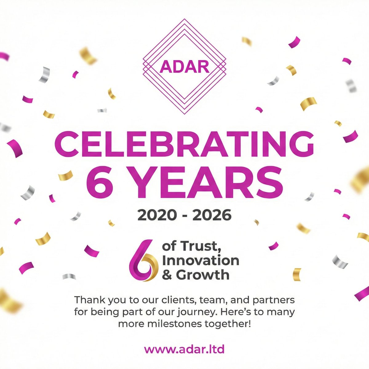 ADAR_Services's tweet photo. 6 Years Strong! 🎉
We are officially 6 years old today. From 2020 to 2026, it’s been an amazing ride filled with growth and success. A big thank you to everyone who has supported us. The best is yet to come! ✨
👉 https://t.co/W55hIqPcJO
#AdarServices #Anniversary #Celebration https://t.co/ljMJsFVRQH
