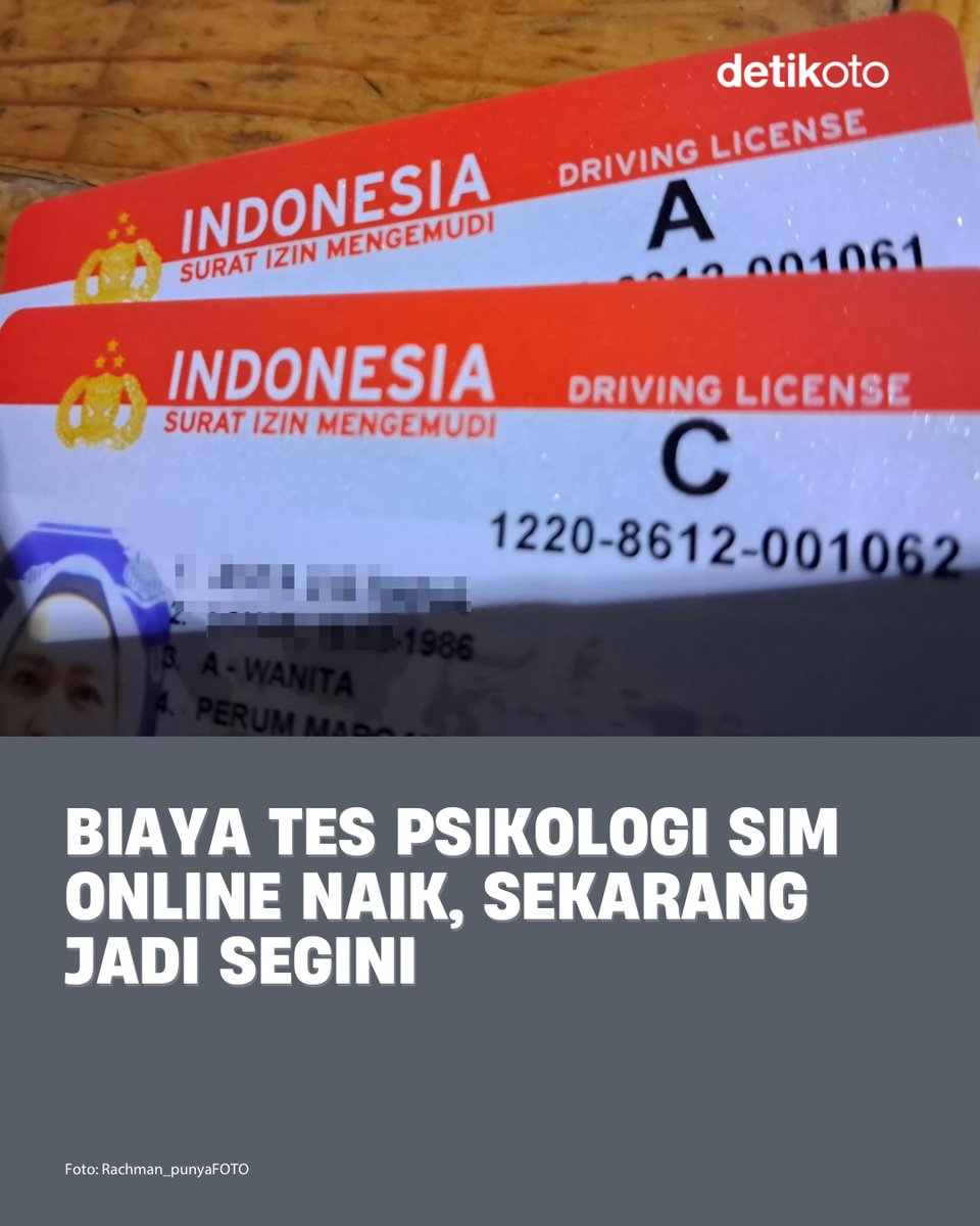detikoto's tweet photo. Biaya tes psikologi SIM lewat online naik. Kalau sebelumnya hanya Rp 57.500, kini tarifnya naik Rp 20 ribu π±π
Berikut biaya perpanjangan SIM terbaru! π°
#detikOto #BiayaSIM https://t.co/3CXX4bDm4i
